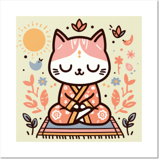 Zen Kitty in Floral Kimono Meditating Cat Posters and Art